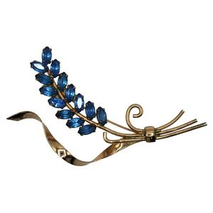 Vintage Coro Sterling Silver Brooch Gold Vermeil Blue Rhinestones Floral Jewelry